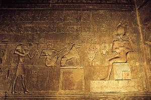 Detail from the "weighing of the soul", Deir el Medina. Top, some of the Assessors who hear the 42 Negative Confessions; left, ibis-headed Thoth, god of wisdom, records the verdict; centre, Ammit, the Eater of the Dead, the agency of the soul's extinction; right, Osiris, Judge of the Dead and agency of the soul's resurrection.