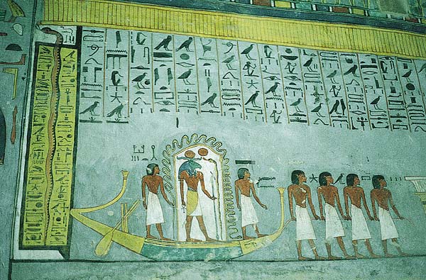 Detail from the Book of Gates, tomb of Rameses VI, Valley of the Kings. Like the Book of What is in the Duat, the Book of Gates depicts a journey through the Duat. The journey is by boat. In it, protected by the coils of a cosmic serpent, the sun god Ra stands flanked by the figures of "Mind" (fore) and "Magic" (aft). In the Book of Gates the Judgement Hall of Osiris occupies the Sixth Division of the Duat.