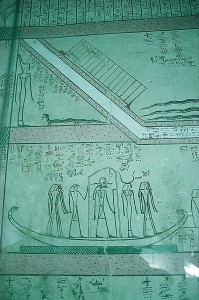 Detail from the Book of What is in the Duat, tomb of Thutmosis III, Valley of the Kings. Astronomically, the Duat was located in the sky between the constellations of Orion and Leo, but it was also a parallel universe which was always depicted as a maze of narrow corridors and passageways and rising galleries and chambers, populated by monsters. Compare to the passageway system of the Great Pyramid, facing page.