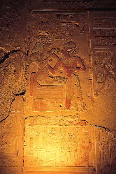 Seti I Temple, Abydos: Isis, goddess of magic, offers ankh, the gift of eternal life, to the soul of Pharaoh Seti I. Behind the symbolism, and the ethereal beauty of the reliefs, the sense of a lofty and ancient purpose animates the sacred art of Egypt.