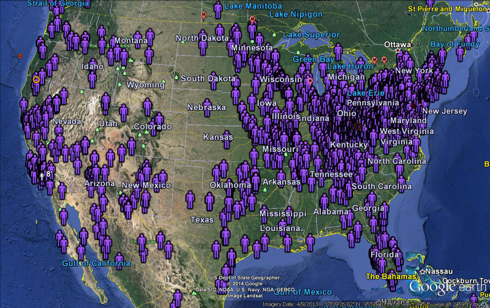 Map of giant reports in North America. Created by Cee Hall.