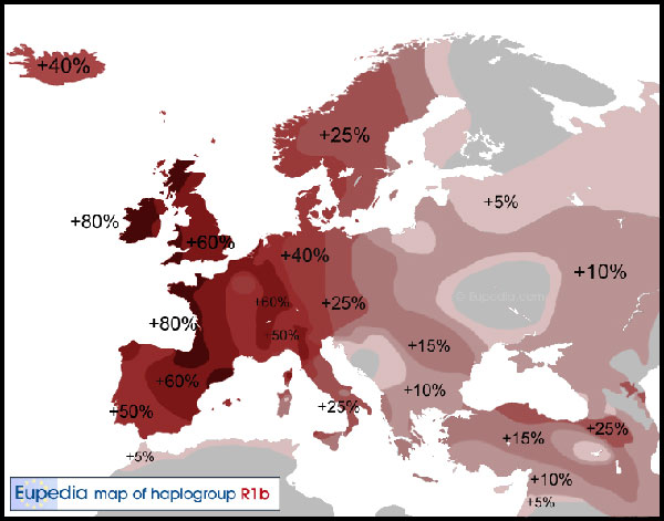 Distribution of modern males with haplogroup R1b in Europe