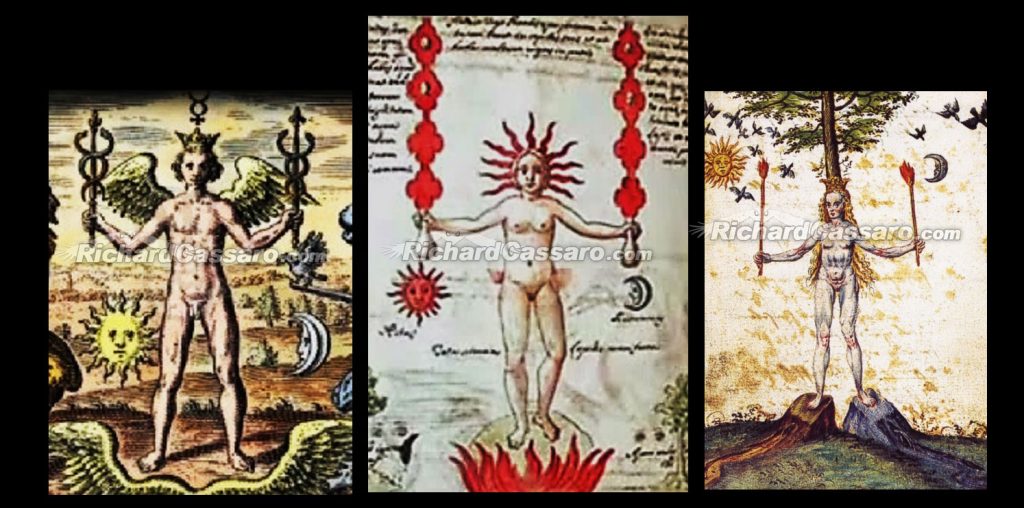 Left: The alchemical Mercury, from Tripus aureus (The Golden Tripod) by Michael Maier, c. 1618. Middle: From a mysterious alchemical treatise titled “The Hermetic and Alchemical Figures of Claudius de Dominico Celentano Vallis Novi From A Manuscript Written And Illuminated At Naples A.D. 1606” Right: From a 16th-century alchemical treatise called “The Rosary of the Philosophers.”