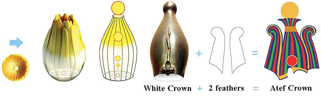 8: The White Crown was inspired by a White Waterlily’s stamen cluster, with its sun/Sun rising out the top. The Atef Crown is known to include a White Crown, often with its stamen lines and Sun showing, and a Maat feather on either side. It usually has a Sun rising out of its top. Therefore, we know that the bulge at the top of every White Crown symbolizes the Sun. However, stand-alone White Crowns rarely display stamen lines. Crowns were symbols used in art, and not wearable crowns (one exception: Seshed’s golden headband, the only type of crown found to date). 