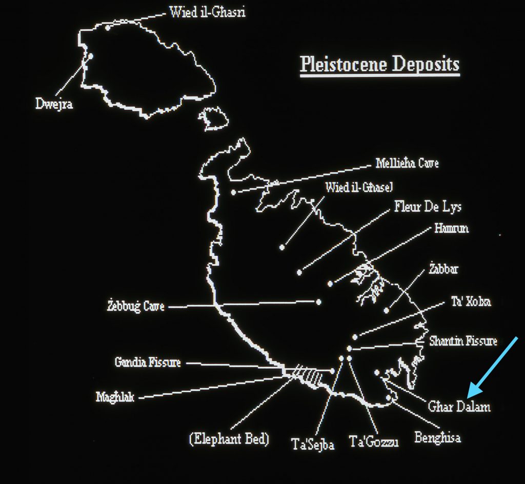 (Above) The Maltese Islands with the sites containing fossil remains of Ice Age mammals, including man; Ghar Dalam is shown in the Southeast of Malta. (Below) The land bridge connecting Sicily to the Maltese Islands during the Ice Age, and the route taken by the mammals migrating southward, shown in red.