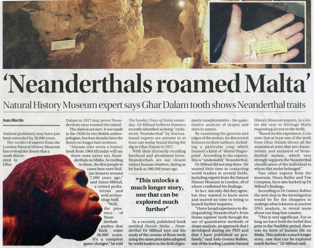 One of the local tabloids covered the story – this included a few inaccuracies; only Tim Compton is from the Museum of Natural History in London, the other experts are from North America. (Courtesy of The Sunday Times of Malta 19th June 2016)